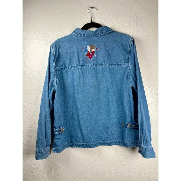 Vintage Christopher & Banks Denim Shirt Womens Sz L Teddy Bear America July 4th - Picture 4 of 16